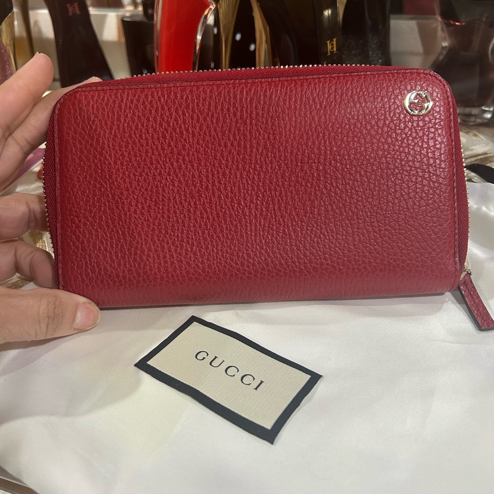 Gucci Red Pebbled Leather Zip Around Continental Wallet in New Condition!